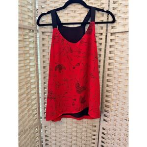 Women's Floral Print V Neck Camisole Wide Shoulder Strap Sleeveless Top Red